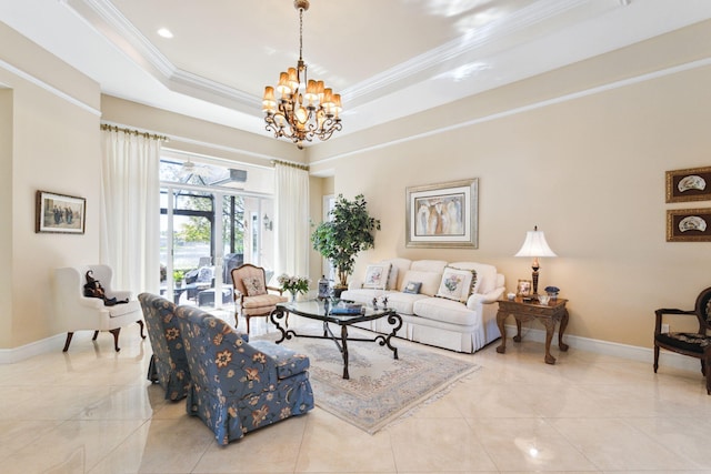 living room with a chandelier, ornamental molding, light tile patterned floors, and a tray ceiling