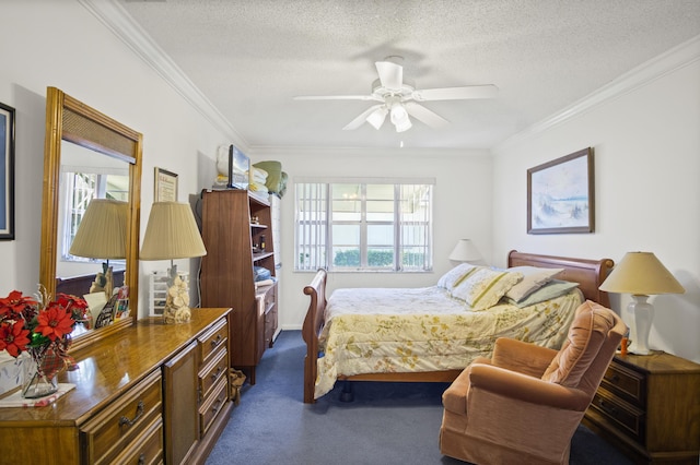 bedroom featuring ceiling fan, dark carpet, a textured ceiling, and ornamental molding