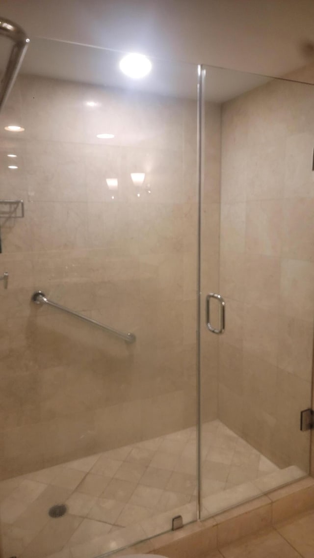 bathroom featuring a shower with door