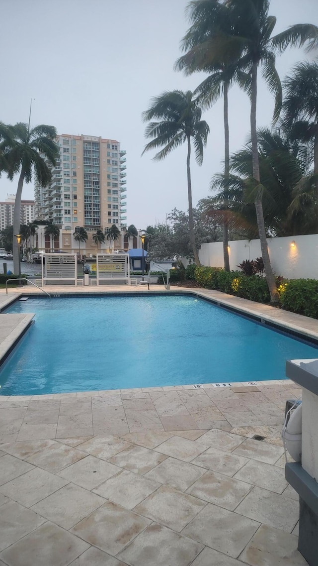 view of swimming pool featuring a patio area