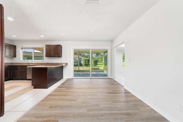 kitchen with dark brown cabinetry, plenty of natural light, a textured ceiling, and light hardwood / wood-style flooring