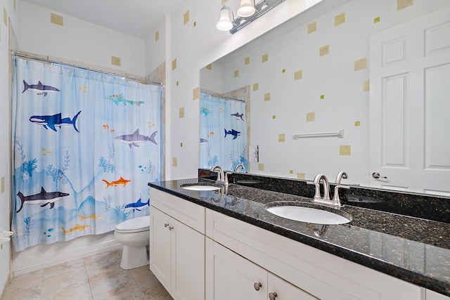 full bathroom with tile patterned floors, vanity, toilet, and shower / bath combo with shower curtain