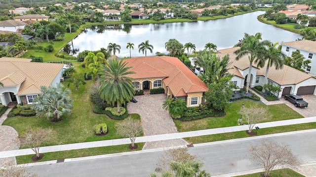 drone / aerial view featuring a water view