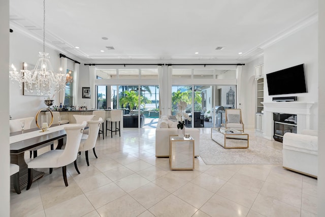 tiled living room with built in features, a chandelier, and ornamental molding