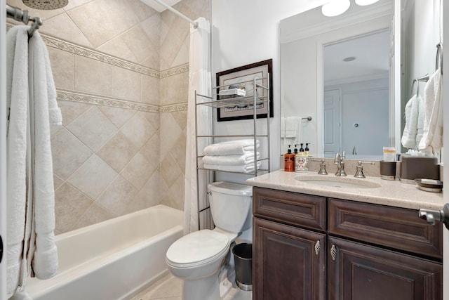 full bathroom featuring tile patterned floors, crown molding, toilet, vanity, and shower / tub combo