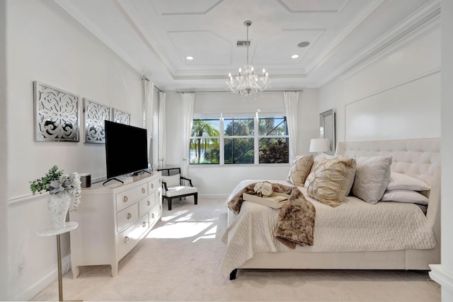 carpeted bedroom featuring a raised ceiling, ornamental molding, and a chandelier