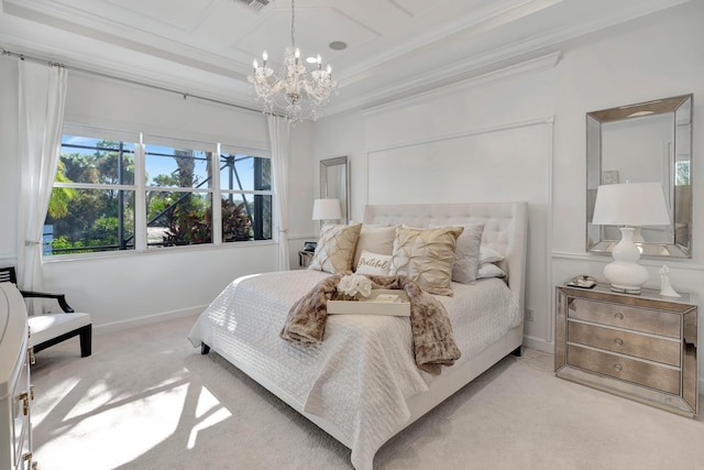 carpeted bedroom featuring ornamental molding and a notable chandelier