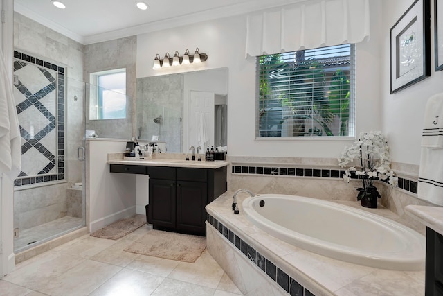 bathroom with tile patterned flooring, vanity, separate shower and tub, and ornamental molding