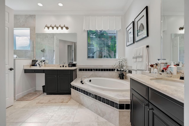 bathroom featuring separate shower and tub, vanity, crown molding, and tile patterned floors