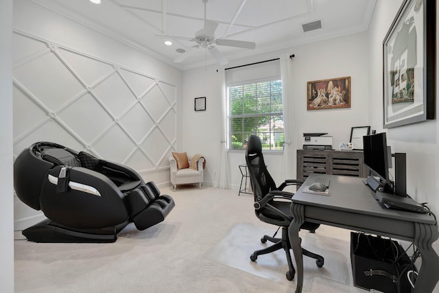 office area with ceiling fan, light colored carpet, and ornamental molding