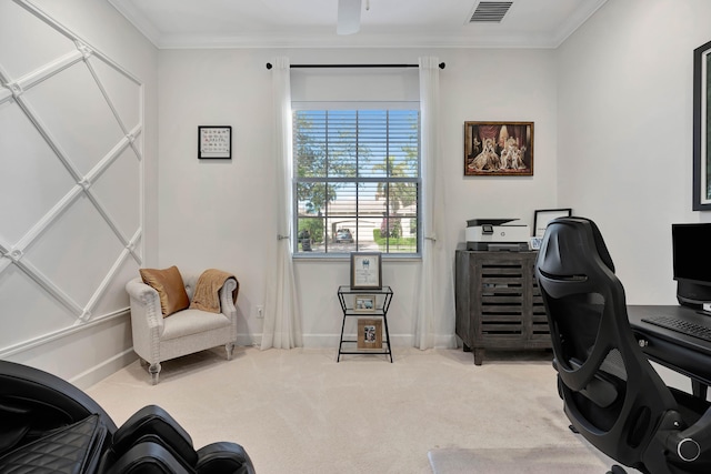 carpeted home office featuring ornamental molding