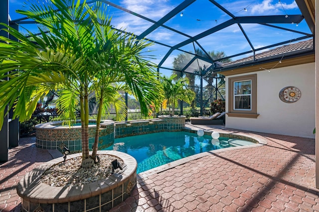 view of swimming pool featuring glass enclosure, an in ground hot tub, a patio area, and cooling unit