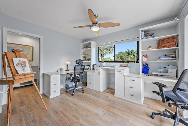 office area featuring ceiling fan, light hardwood / wood-style floors, and a textured ceiling