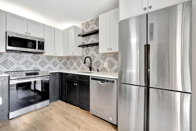 kitchen featuring white cabinets, sink, light hardwood / wood-style flooring, tasteful backsplash, and stainless steel appliances