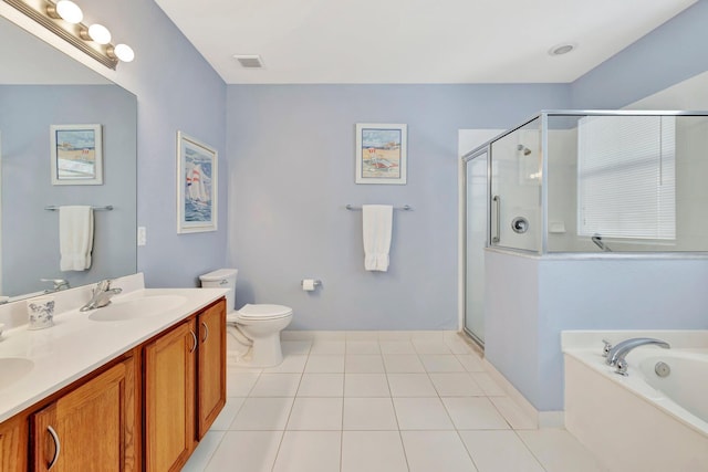 full bathroom with toilet, tile patterned flooring, vanity, and shower with separate bathtub