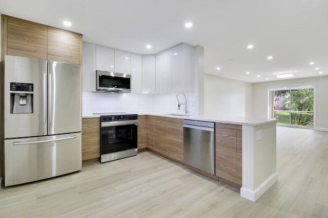 kitchen featuring white cabinetry, stainless steel appliances, sink, backsplash, and light wood-type flooring