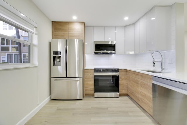 kitchen featuring white cabinetry, stainless steel appliances, light hardwood / wood-style floors, sink, and backsplash