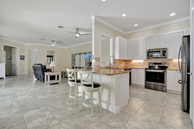 kitchen featuring light stone countertops, kitchen peninsula, white cabinetry, and stainless steel appliances