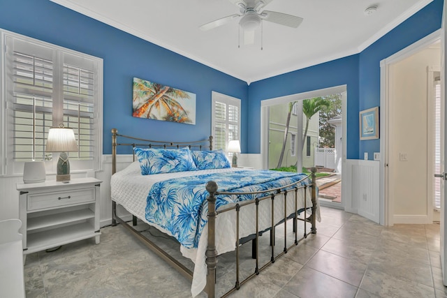 bedroom featuring light tile patterned floors, access to outside, ceiling fan, and ornamental molding