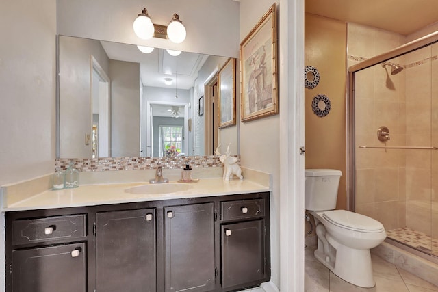 bathroom featuring tile patterned floors, vanity, ceiling fan, toilet, and a shower with shower door