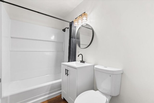 full bathroom featuring vanity, toilet, shower / bathtub combination with curtain, and wood-type flooring