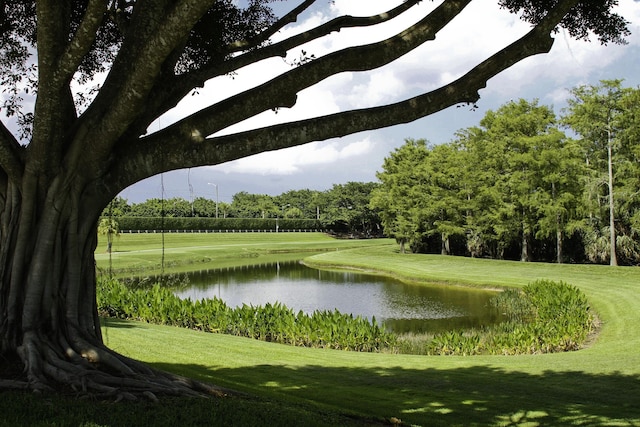 surrounding community with a water view and a lawn