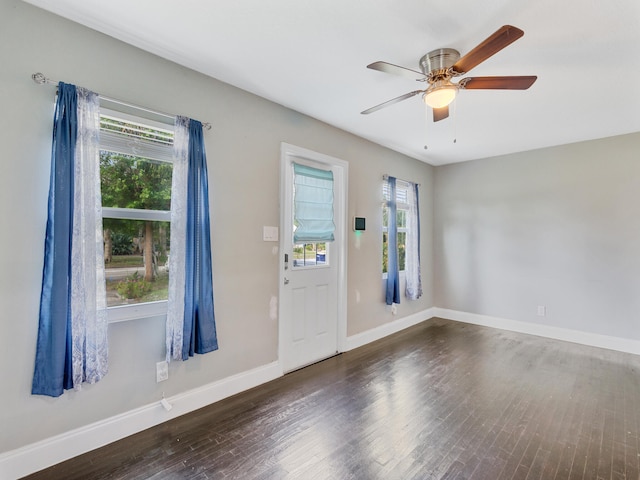 foyer entrance featuring plenty of natural light, dark wood-type flooring, and ceiling fan