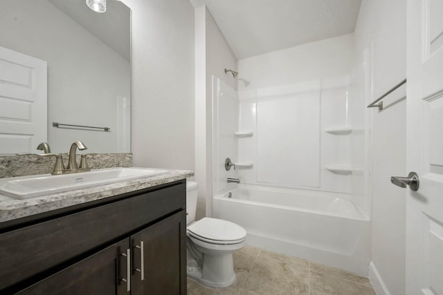 full bathroom with washtub / shower combination, vanity, and toilet