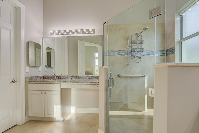 bathroom with vanity, tile patterned floors, and walk in shower