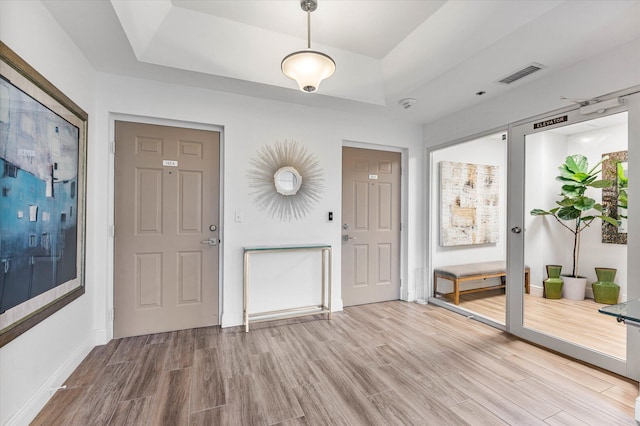 entryway featuring hardwood / wood-style floors and a tray ceiling