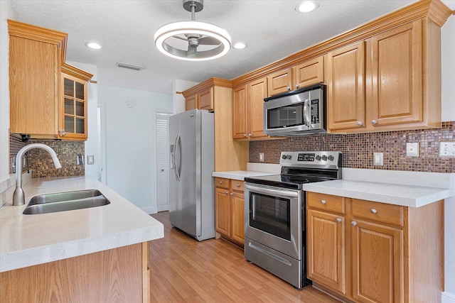 kitchen featuring ceiling fan, sink, stainless steel appliances, backsplash, and light wood-type flooring