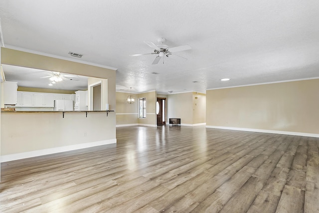 unfurnished living room featuring a textured ceiling, crown molding, light hardwood / wood-style flooring, and ceiling fan with notable chandelier