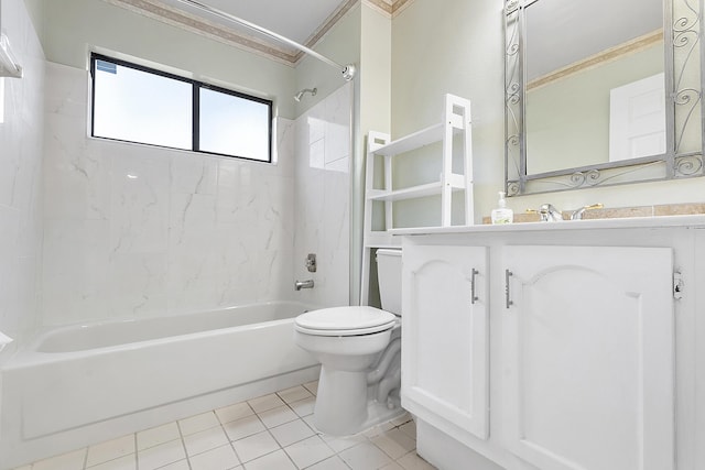 full bathroom with tile patterned floors, vanity, toilet, and washtub / shower combination