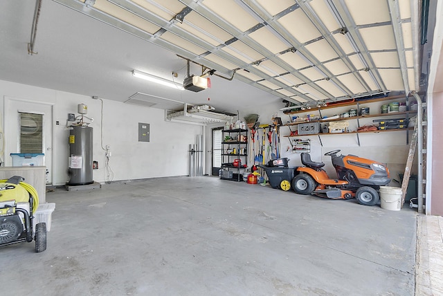 garage with electric panel, a garage door opener, and water heater