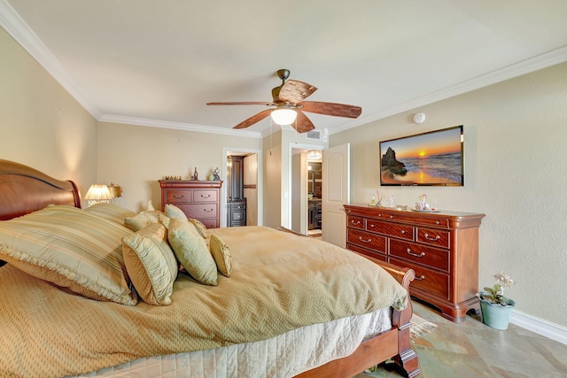 bedroom with ceiling fan and ornamental molding