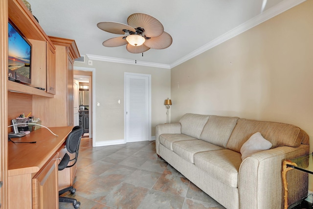 living room featuring ceiling fan and ornamental molding