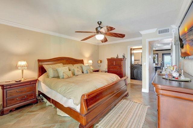 bedroom featuring ceiling fan and crown molding