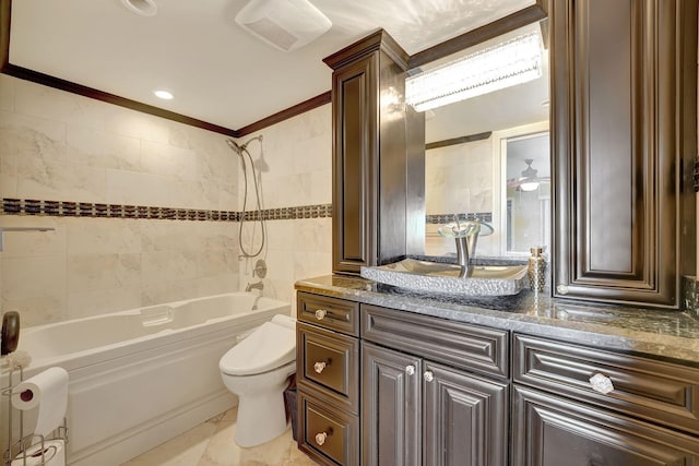 full bathroom featuring vanity, shower / bath combination, toilet, and ornamental molding