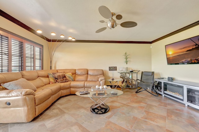 living room with ceiling fan, ornamental molding, and a fireplace