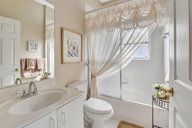 full bathroom featuring vanity, bath / shower combo with glass door, and toilet