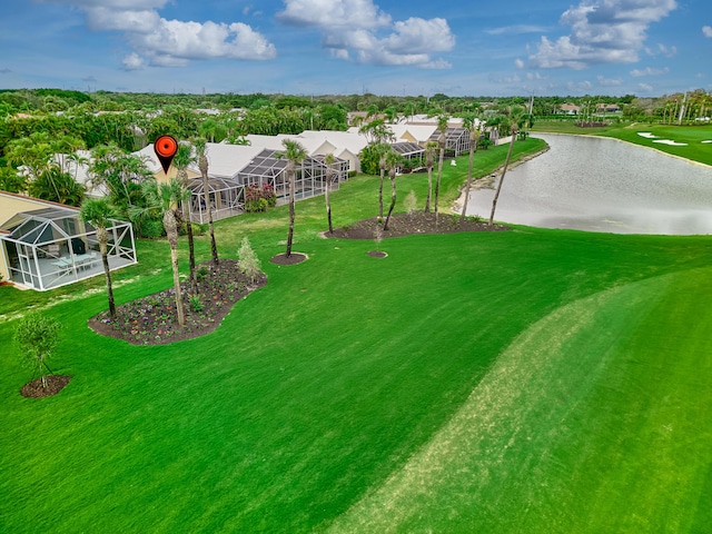 bird's eye view with a water view