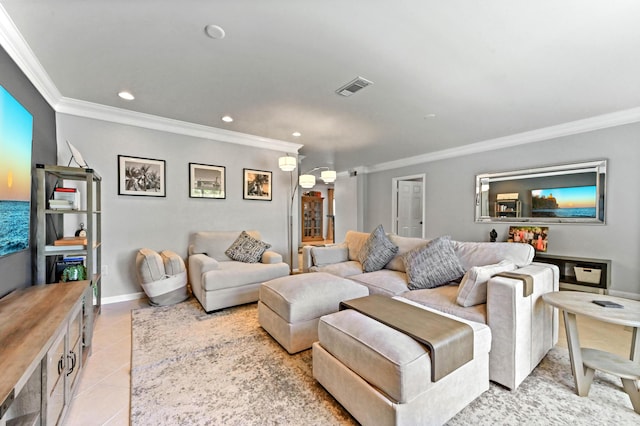 tiled living room featuring crown molding