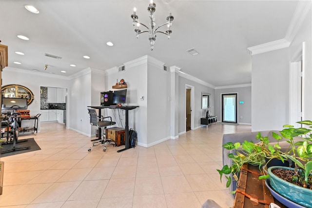 tiled living room with crown molding and a chandelier