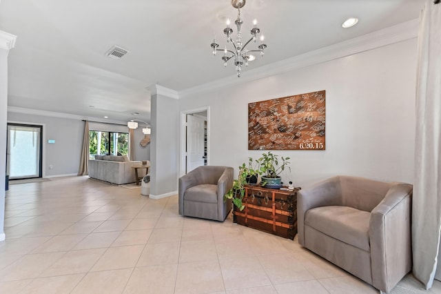 interior space with light tile patterned flooring, a notable chandelier, and crown molding