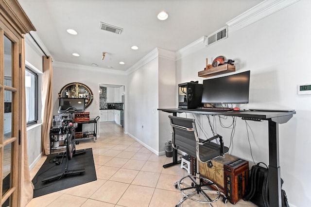 tiled office space featuring crown molding