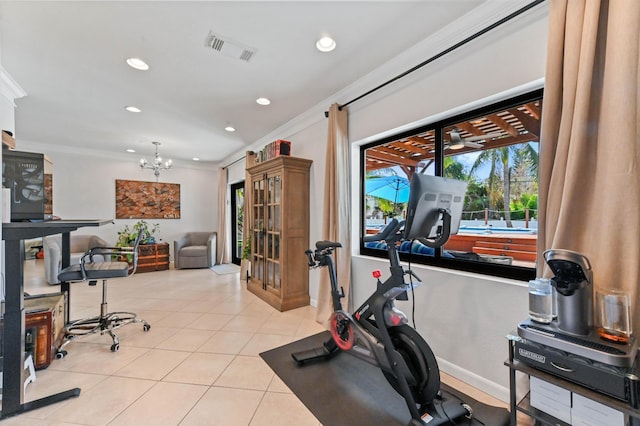 workout room with light tile patterned floors, crown molding, and a chandelier