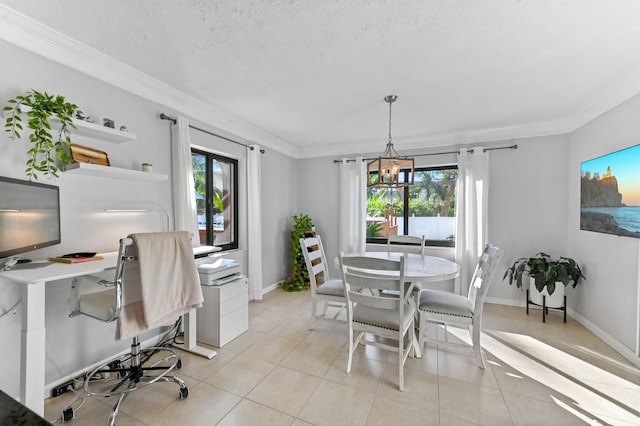 tiled dining space featuring a notable chandelier, crown molding, and a healthy amount of sunlight