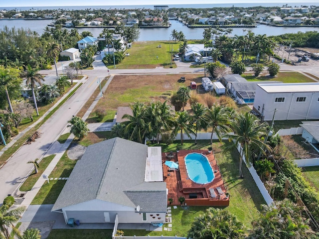 drone / aerial view with a water view