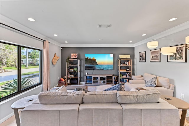 living room with ornamental molding