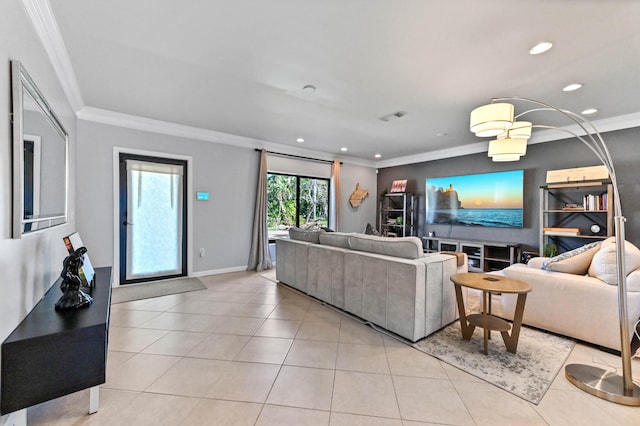 tiled living room with crown molding